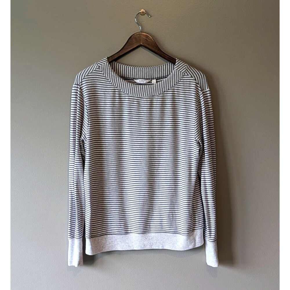 Athleta Womens M Striped Pullover Sweatshirt Gray White Crew Neck Long Sleeve